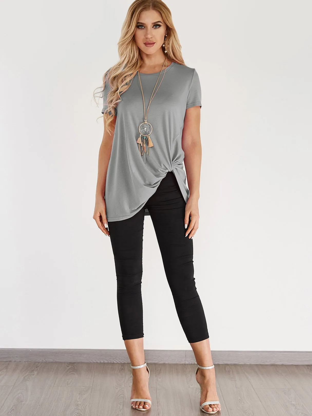 Custom Round Neck Pleated Short Sleeve Irregular Hem T-Shirts