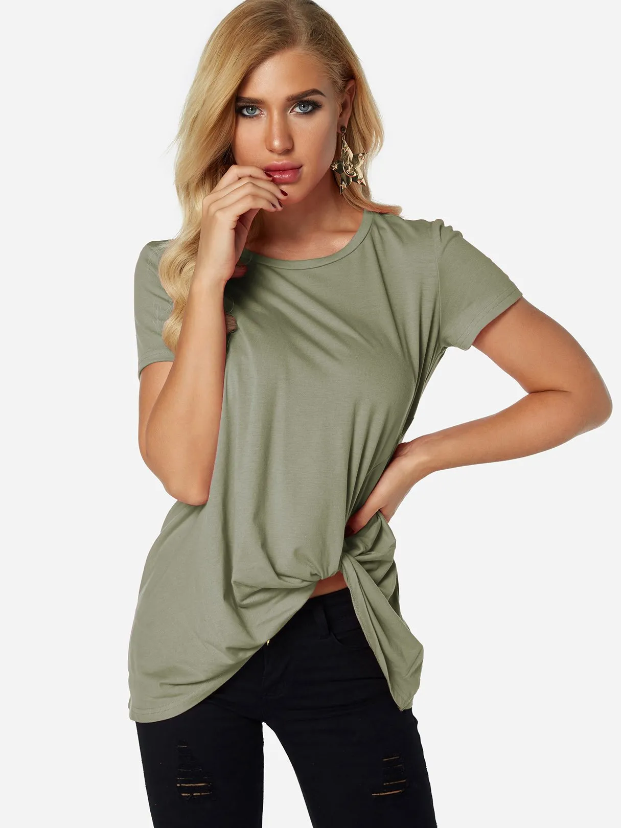 Custom Round Neck Pleated Short Sleeve Irregular Hem T-Shirts