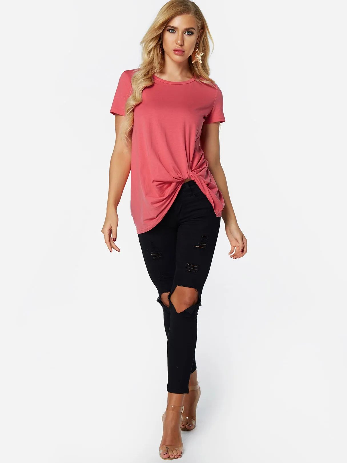 Custom Round Neck Pleated Short Sleeve Irregular Hem T-Shirts