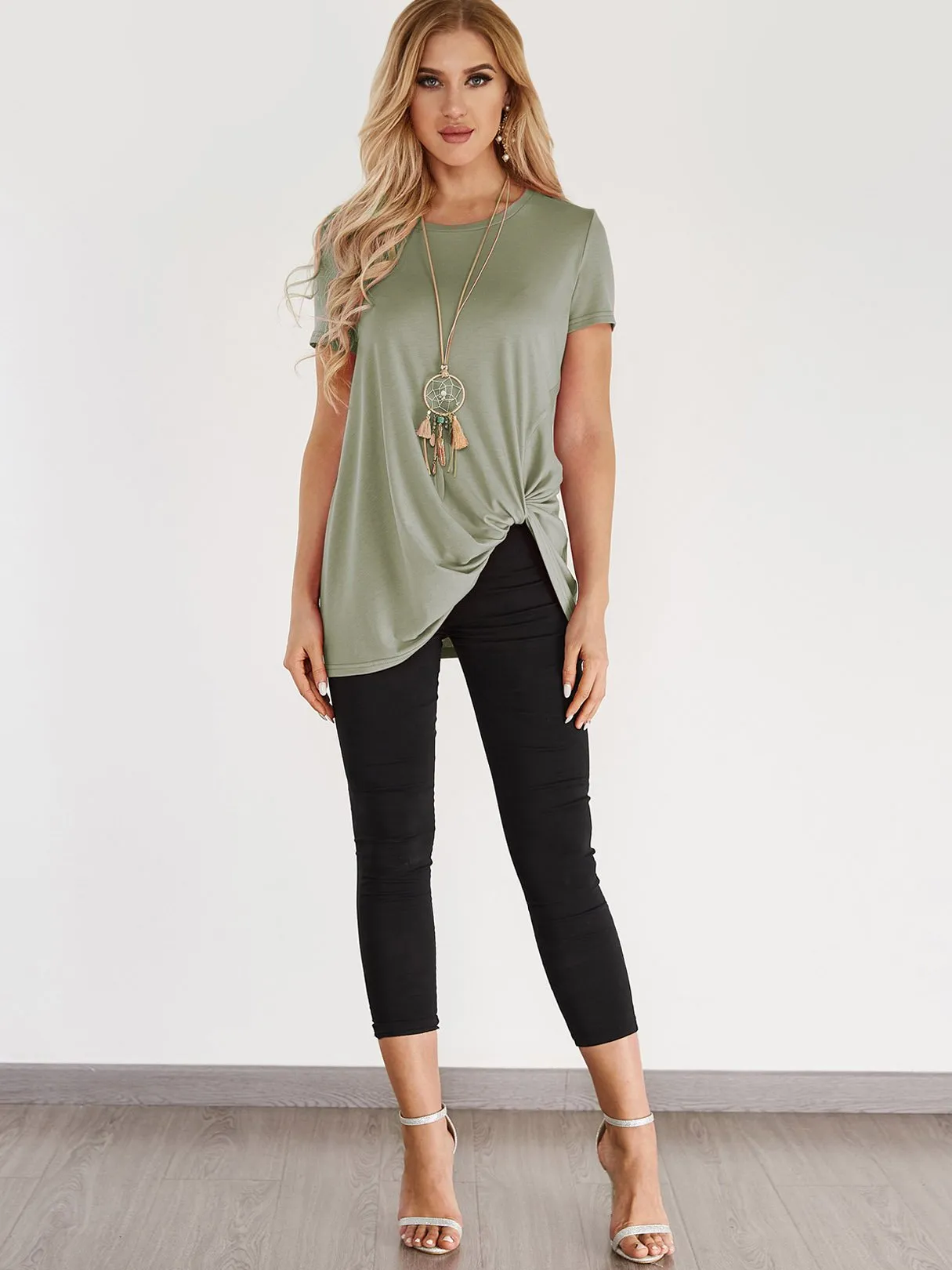 Custom Round Neck Pleated Short Sleeve Irregular Hem T-Shirts