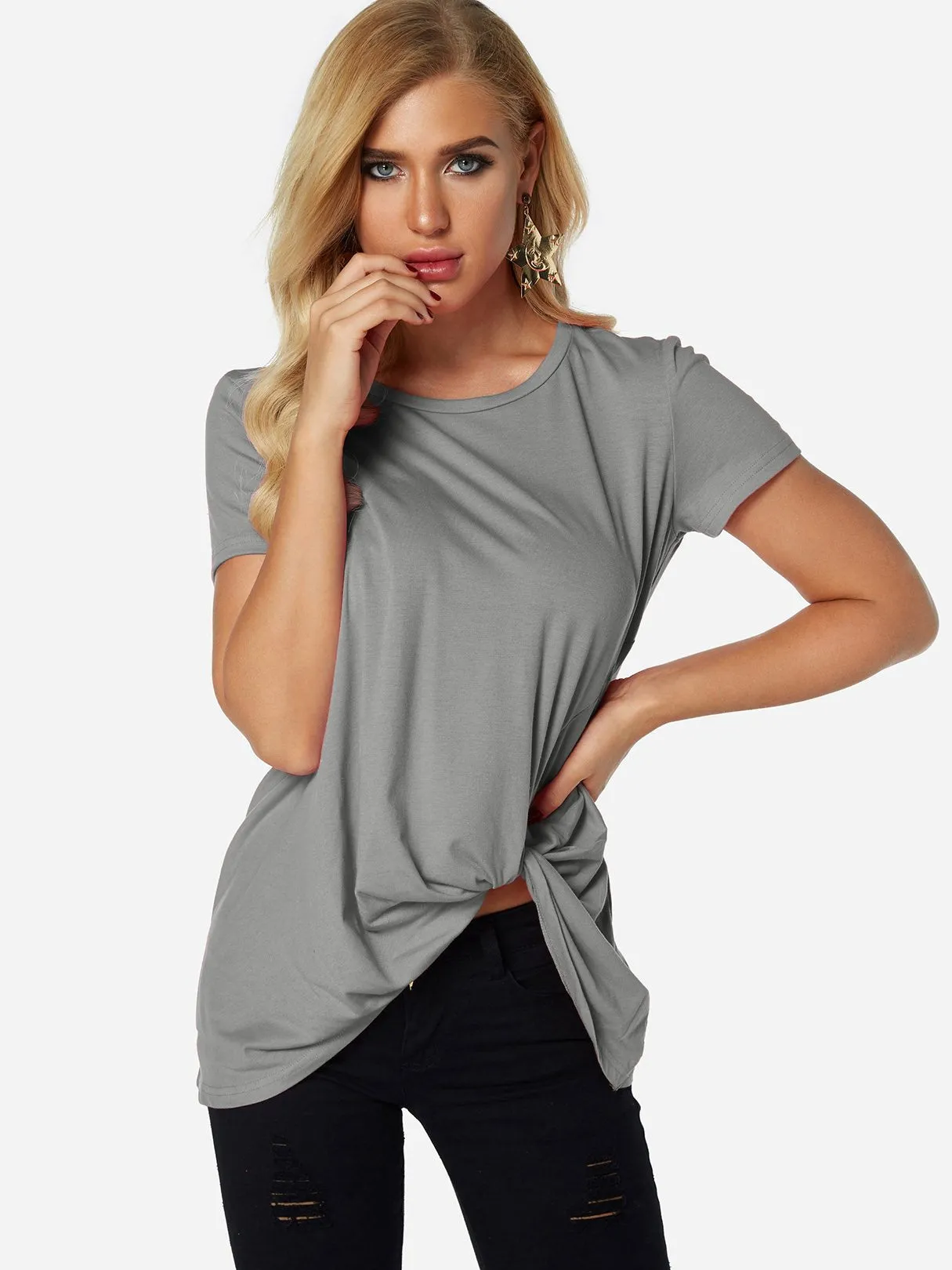Custom Round Neck Pleated Short Sleeve Irregular Hem T-Shirts