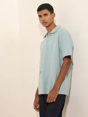 ETA Light Blue Knit-Texture Relaxed-Fit Cotton Polo T-Shirt