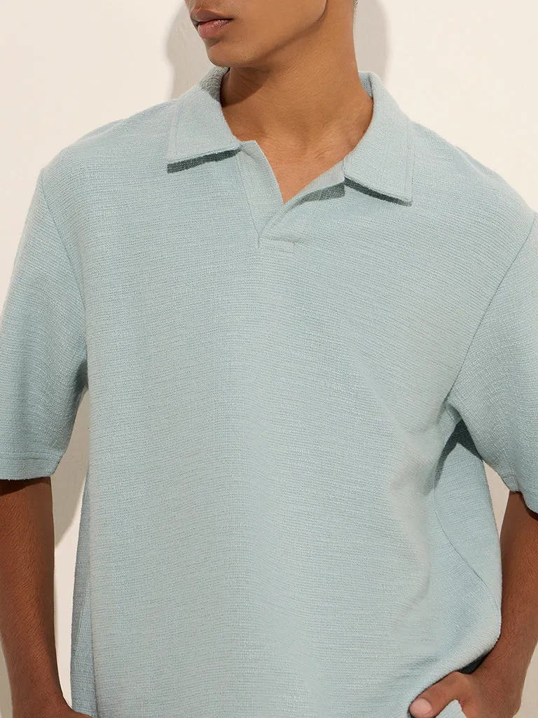 ETA Light Blue Knit-Texture Relaxed-Fit Cotton Polo T-Shirt