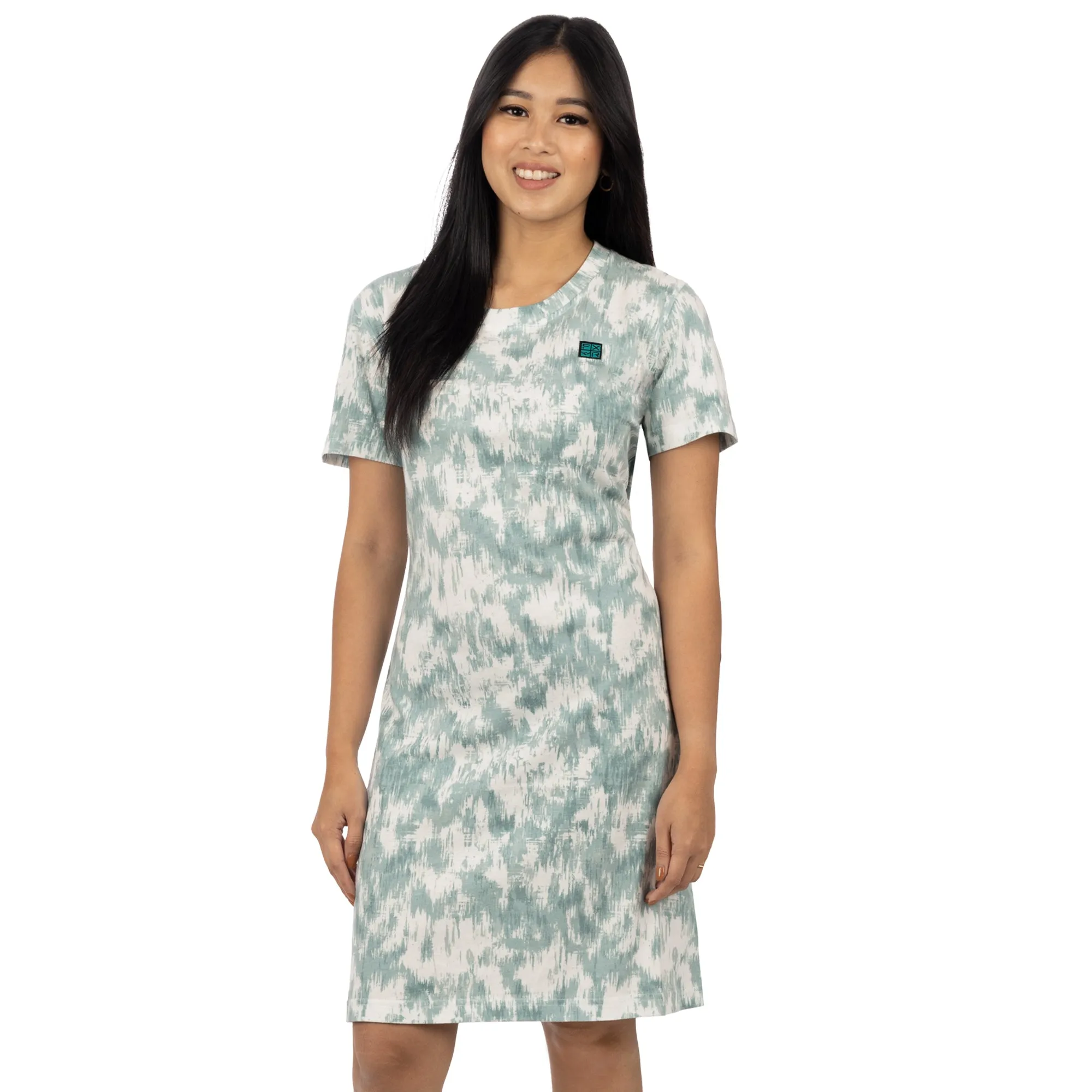 FXR  Womens Track T-Shirt Dress Cream-Teal Fiber Crew Neck Cotton Screen Print