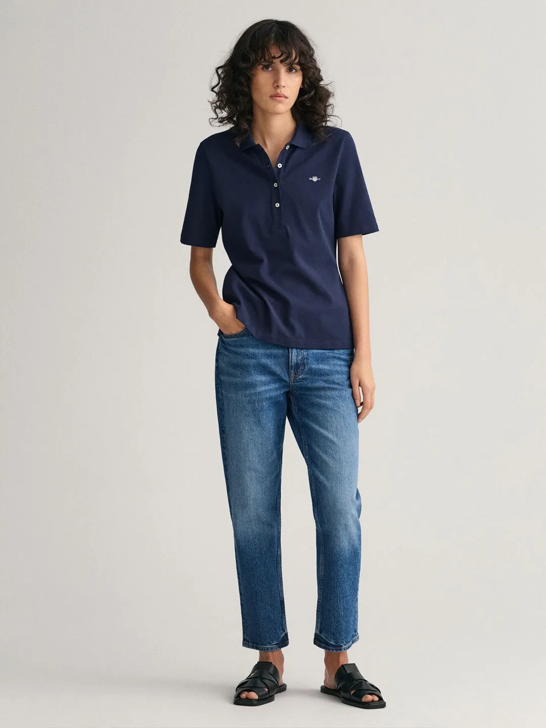 Gant Women Navy Blue Solid Short Sleeves Polo T-Shirt