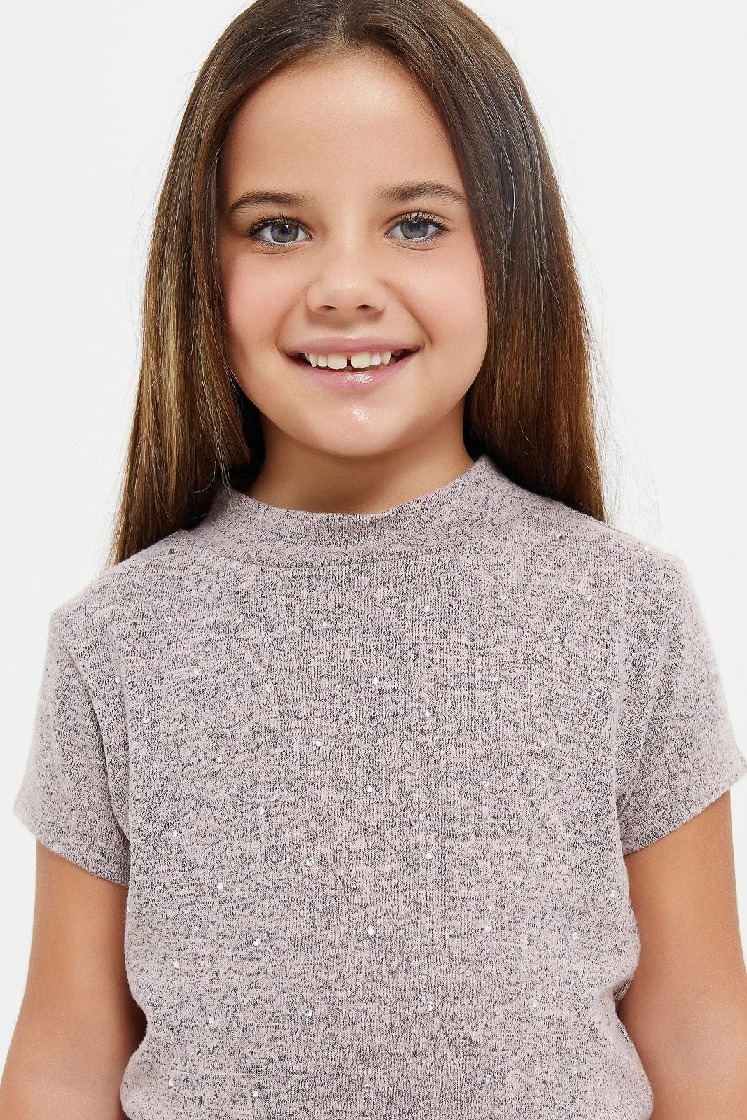 Girls Pink Embellished T-Shirt With Studs At Front