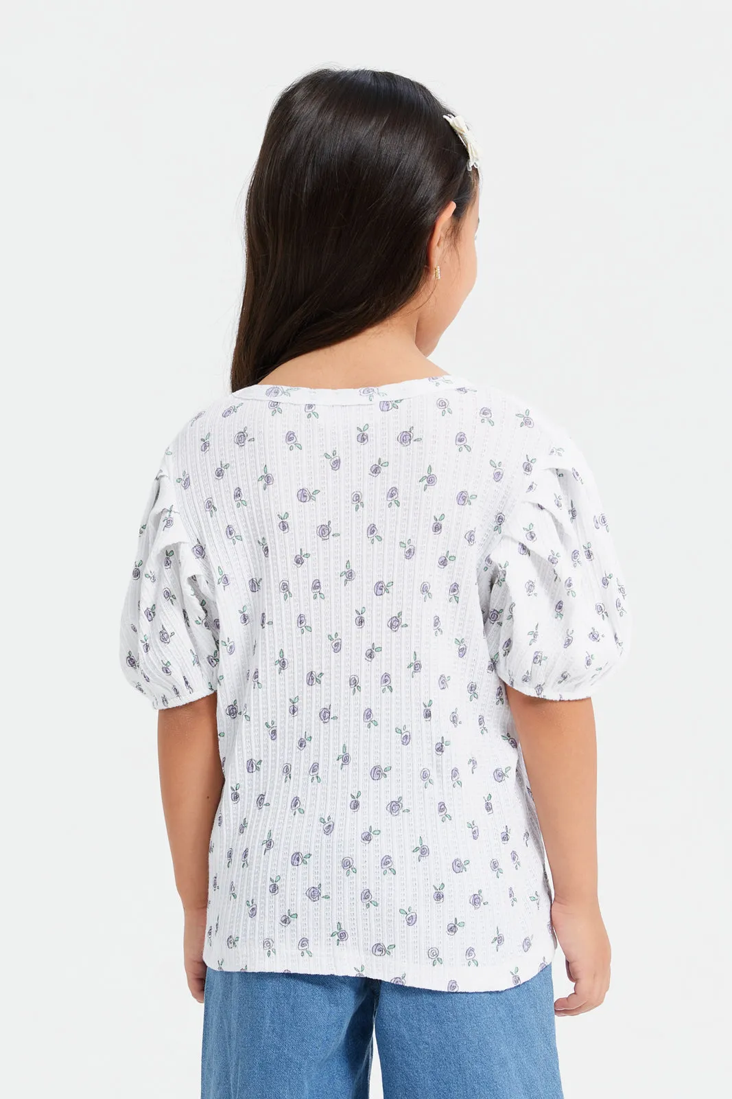 Girls White Textured Puff Sleeve T-Shirt