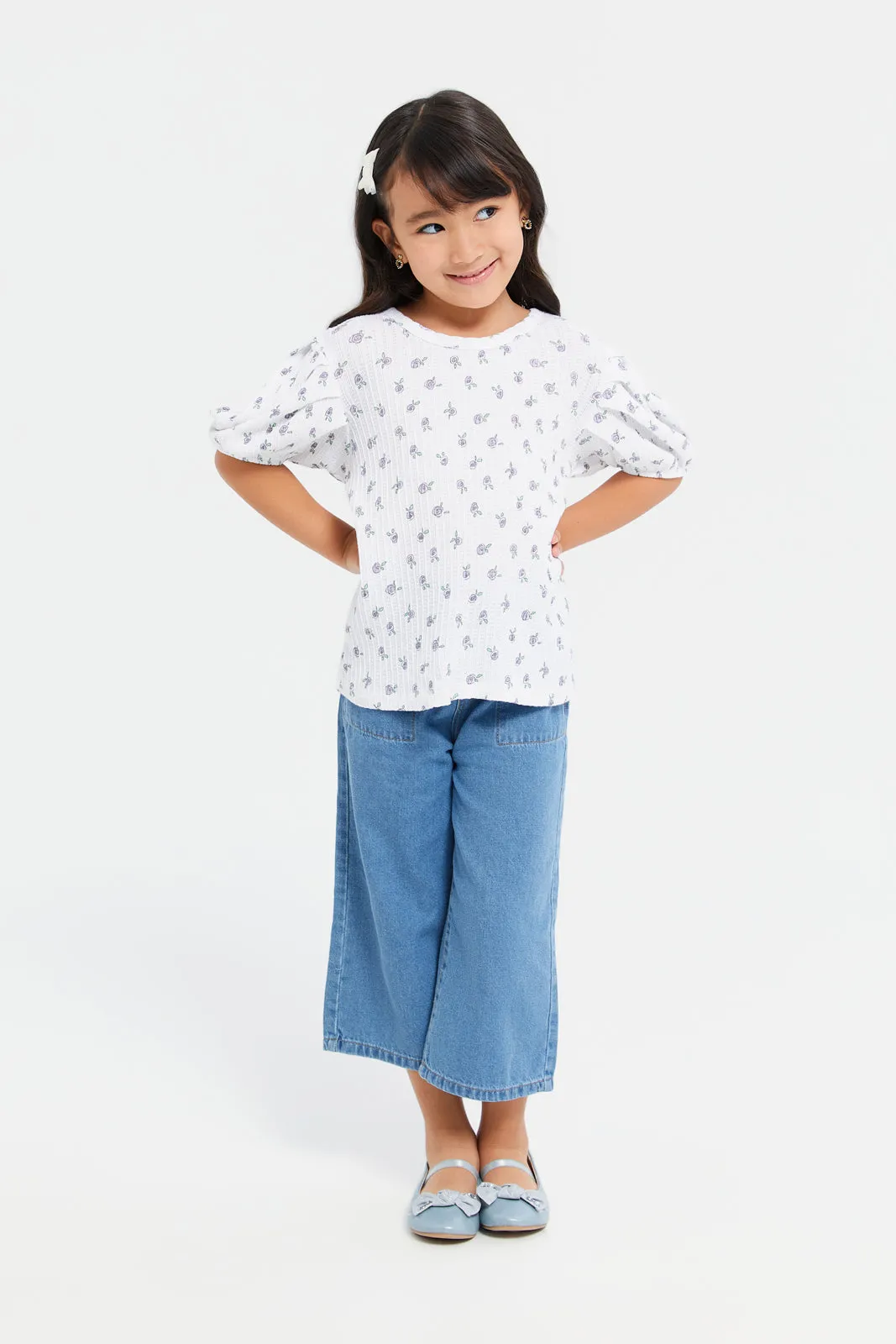 Girls White Textured Puff Sleeve T-Shirt