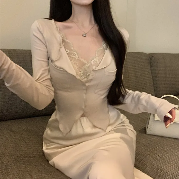 Long-Sleeved Fake Two-Piece Lace Cardigan Knitted Top