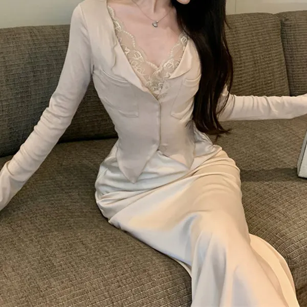 Long-Sleeved Fake Two-Piece Lace Cardigan Knitted Top