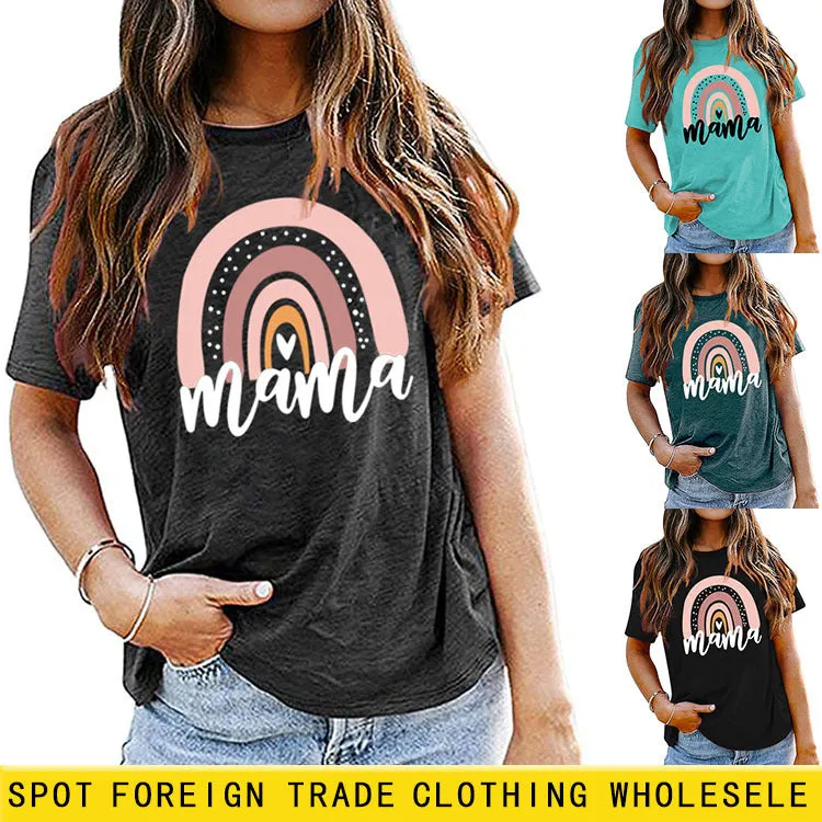 Mama Rainbow Love Letter Round Neck Loose Print Pattern Short Sleeve T-shirt