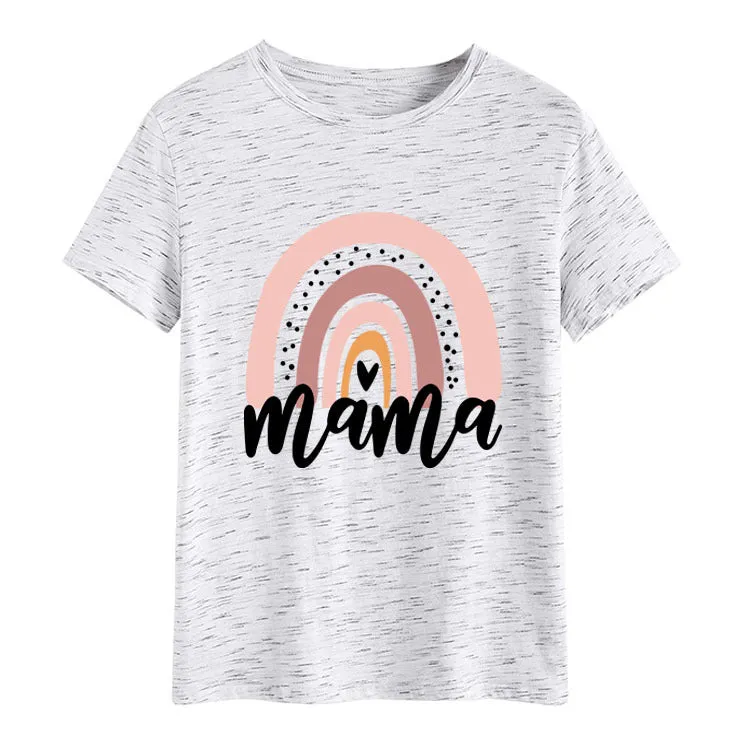 Mama Rainbow Love Letter Round Neck Loose Print Pattern Short Sleeve T-shirt