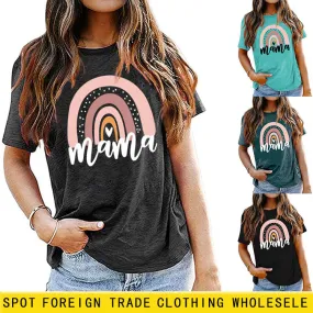 Mama Rainbow Love Letter Round Neck Loose Print Pattern Short Sleeve T-shirt