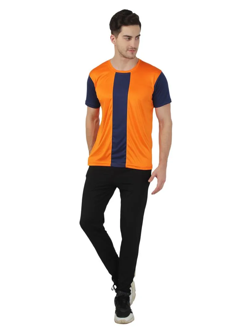 Men's Black Polyester Self Pattern Round Neck Tees