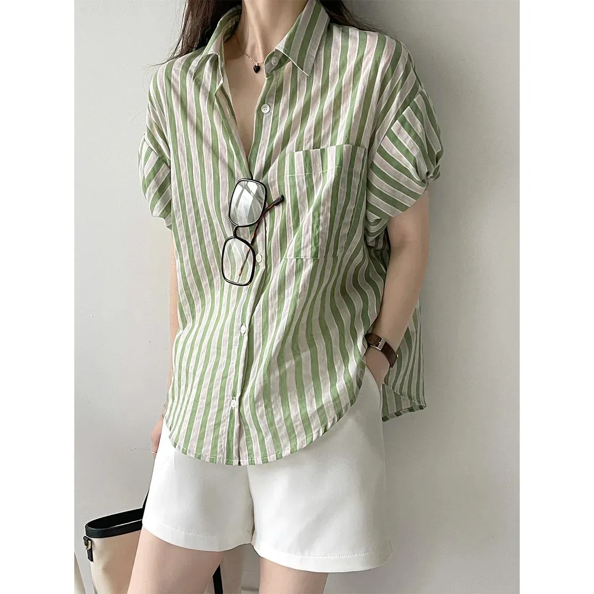 Metaversmall Striped Spell Color Polo Women's Shirts Summer Lantern Sleeve Single Breasted Simple Loose Chic Fashion Ins Female Shirts