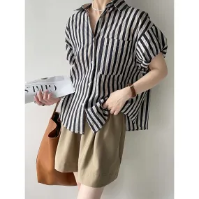 Metaversmall Striped Spell Color Polo Women's Shirts Summer Lantern Sleeve Single Breasted Simple Loose Chic Fashion Ins Female Shirts