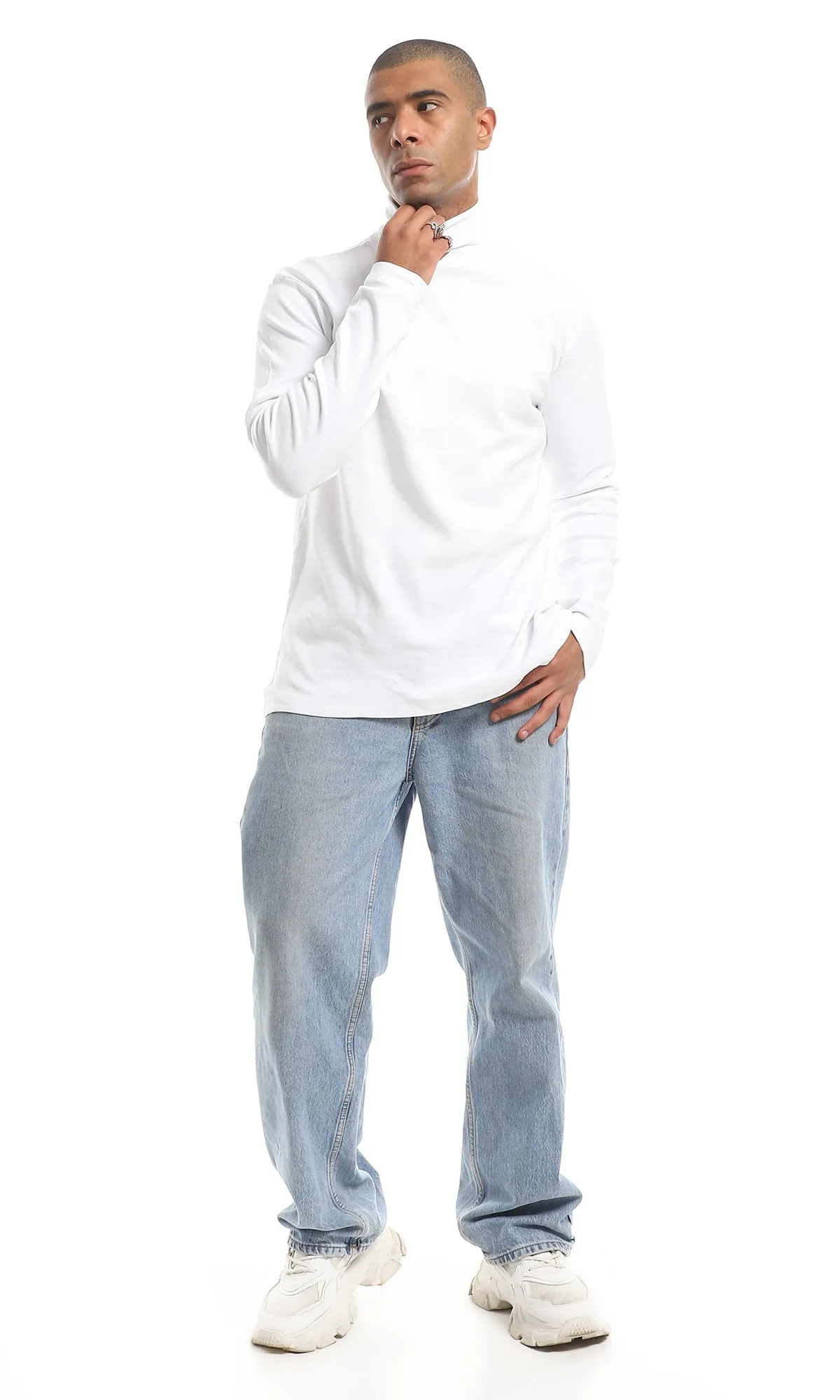 O159796 Turtle Neck Plain Long Sleeves T-Shirt - White