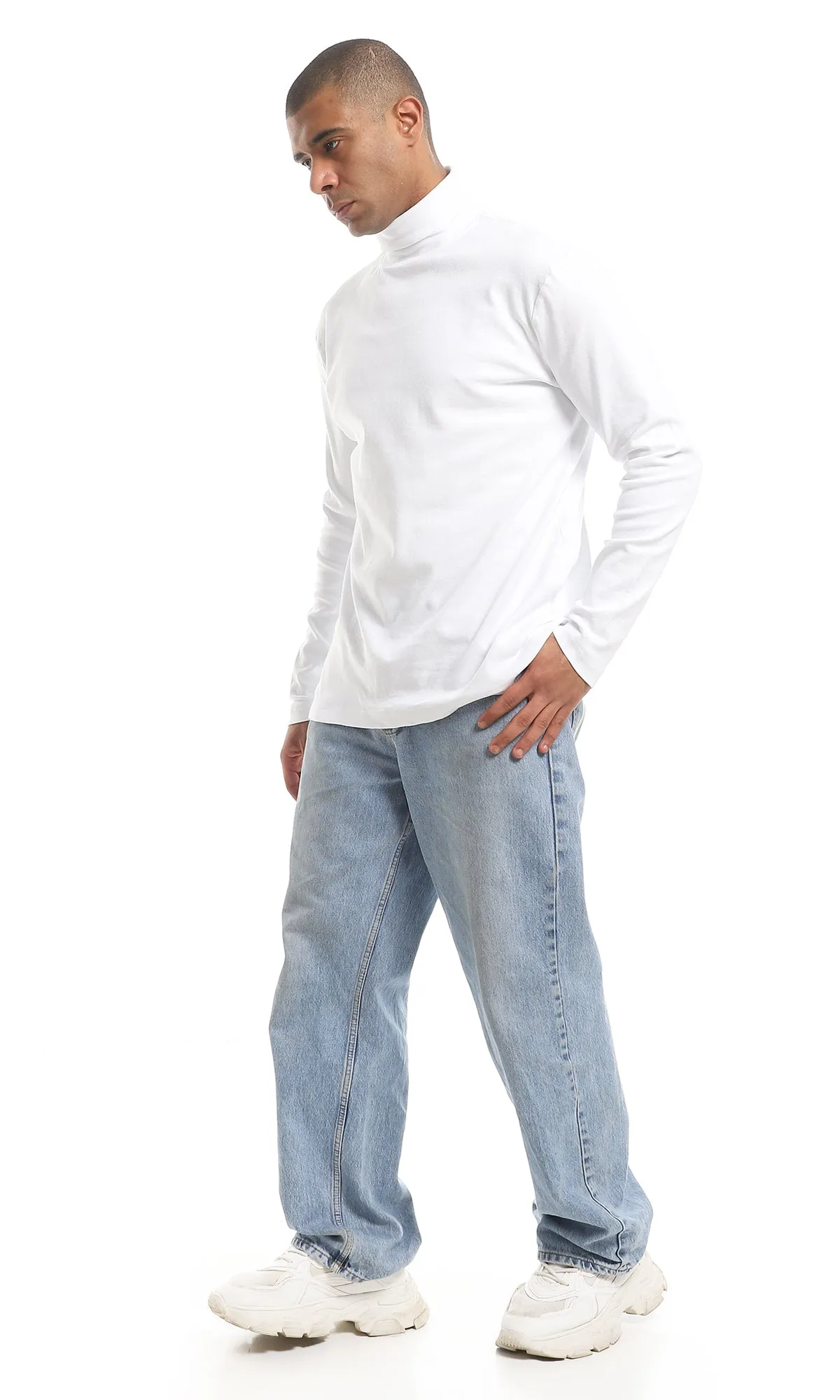 O159796 Turtle Neck Plain Long Sleeves T-Shirt - White