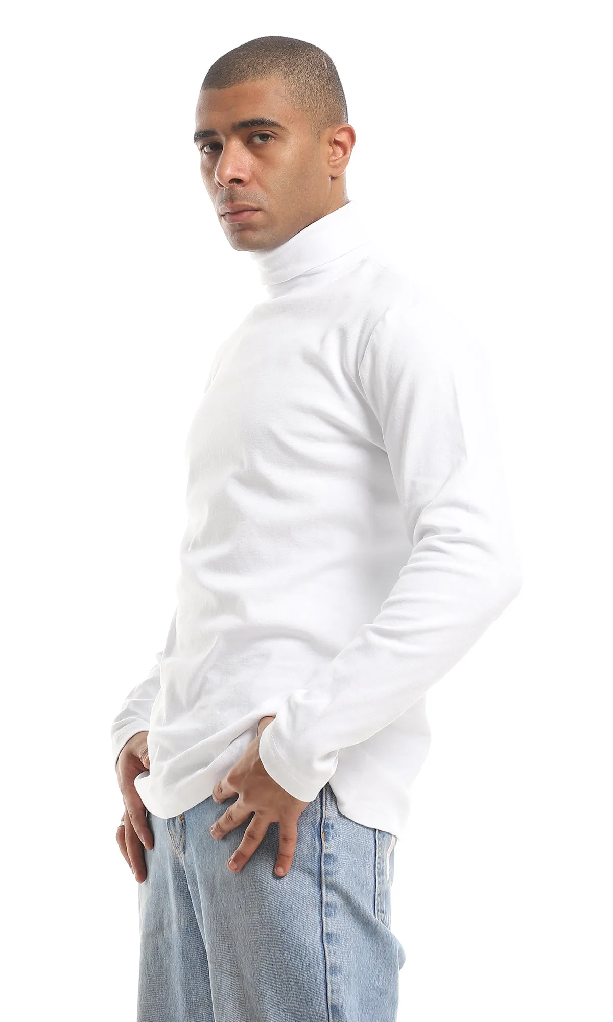 O159796 Turtle Neck Plain Long Sleeves T-Shirt - White