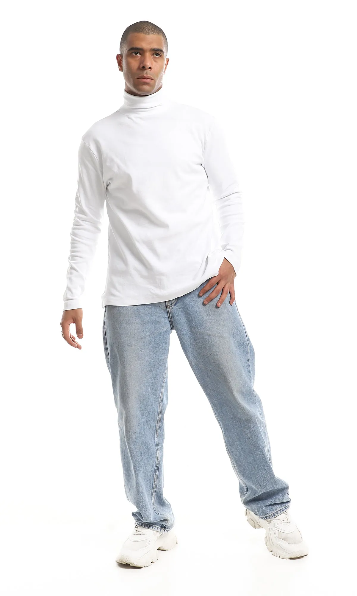 O159796 Turtle Neck Plain Long Sleeves T-Shirt - White