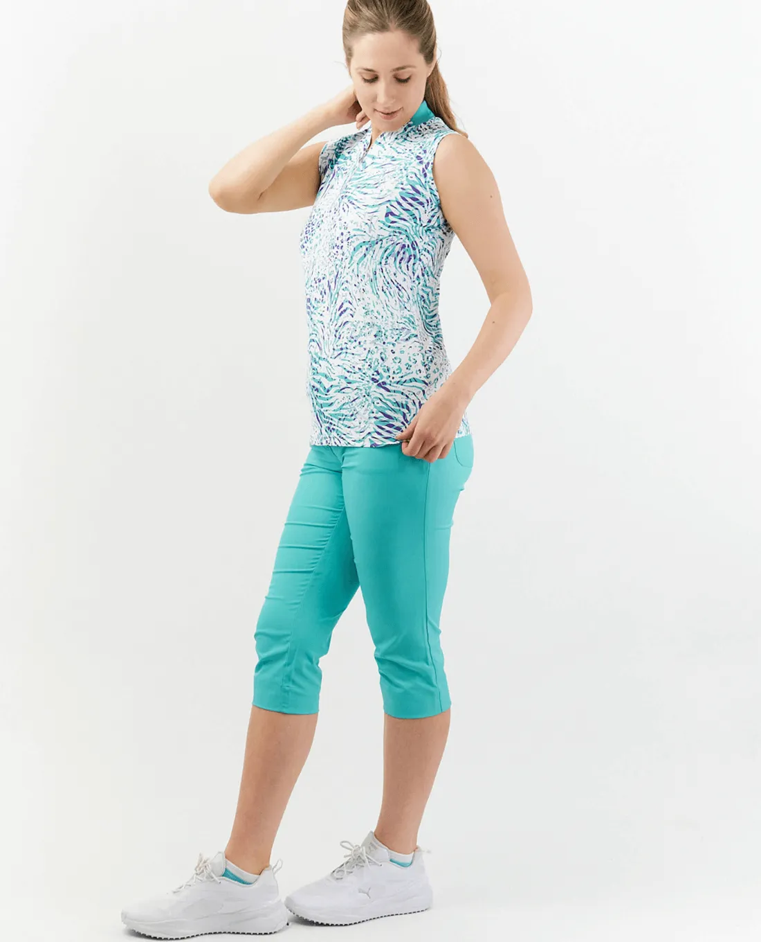 SIZE M - PURE GOLF Felicity Sleeveless Polo 030 Fierce Fusion