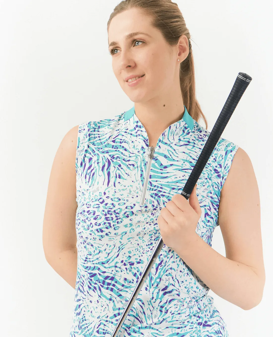 SIZE M - PURE GOLF Felicity Sleeveless Polo 030 Fierce Fusion