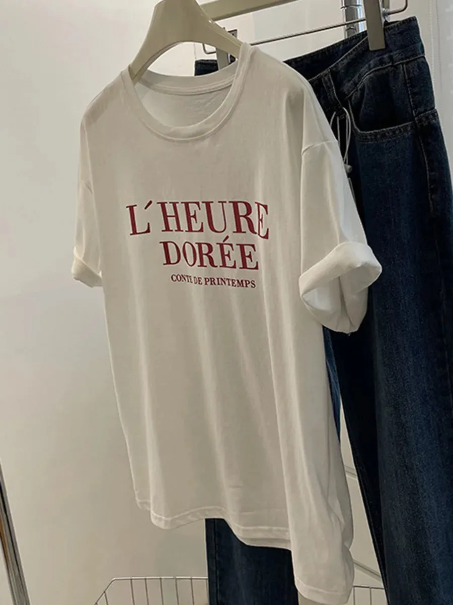 TAVIMART  -  Classic Letter Print T-shirts For Women Round Neck Chic Short Sleeve Thin Tops Tees Summer New Casual Fashion T-shirt 2024