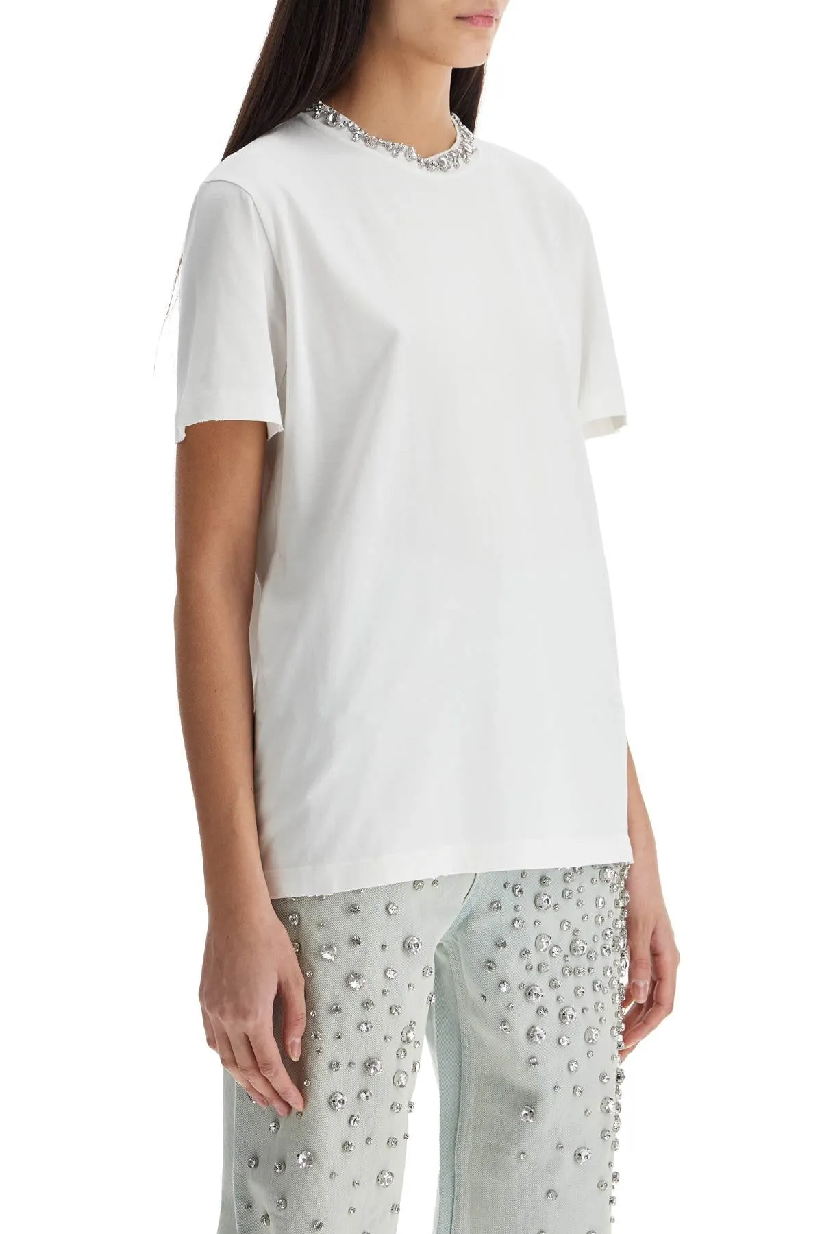 VINTAGE WHITE COTTON T-SHIRT WITH RHINESTONE EMBROIDERY