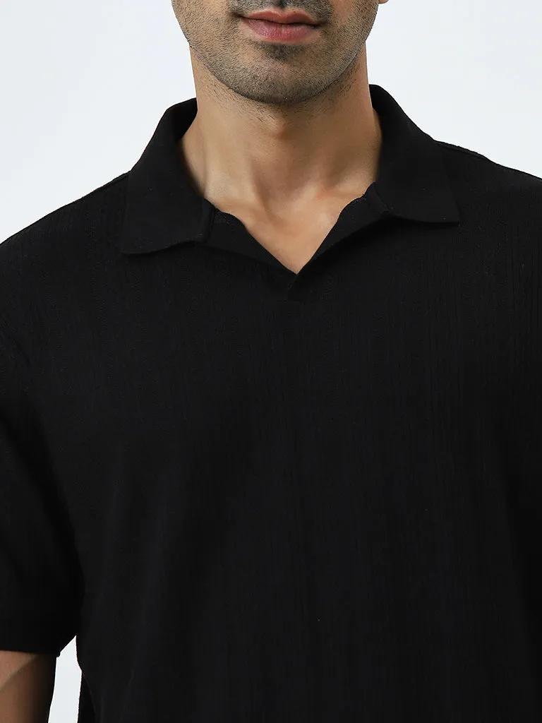 WES Casuals Black Textured Relaxed-Fit Cotton Polo T-Shirt