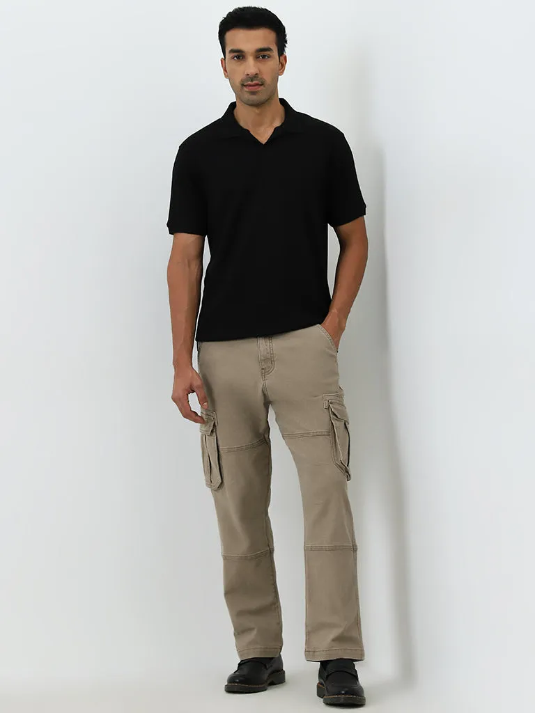 WES Casuals Black Textured Relaxed-Fit Cotton Polo T-Shirt