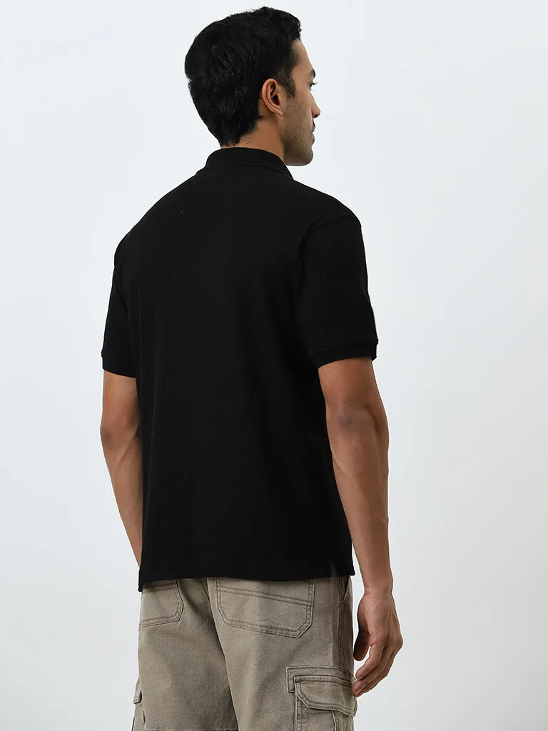 WES Casuals Black Textured Relaxed-Fit Cotton Polo T-Shirt