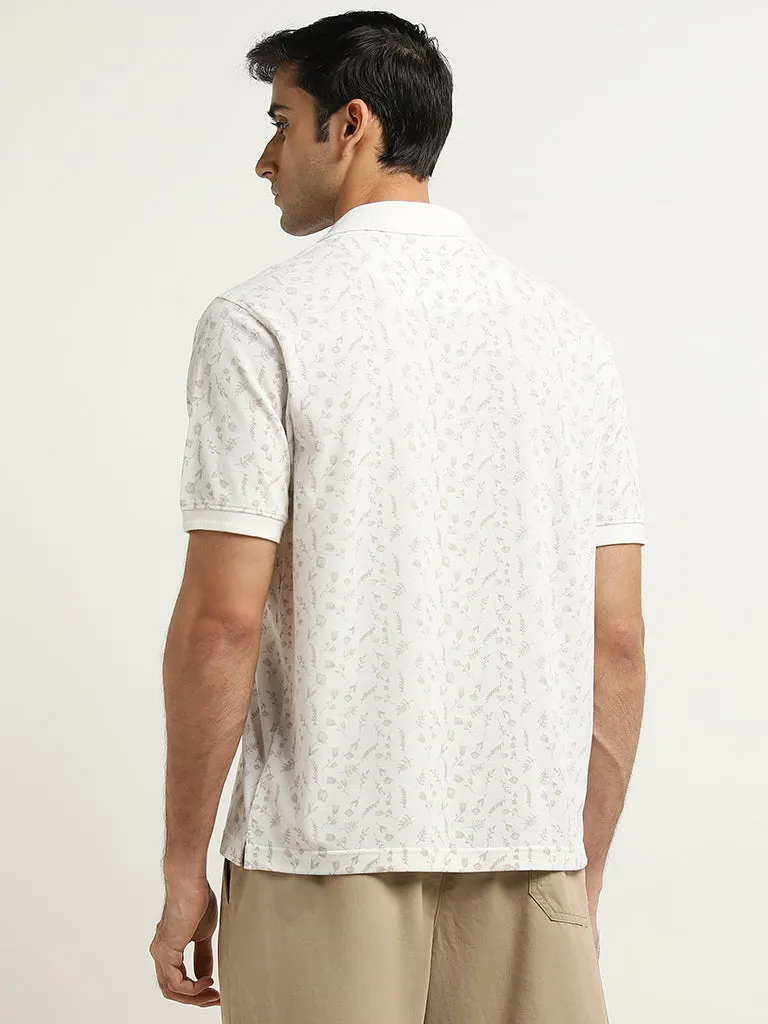 WES Casuals White Floral Relaxed-Fit Cotton Polo T-Shirt