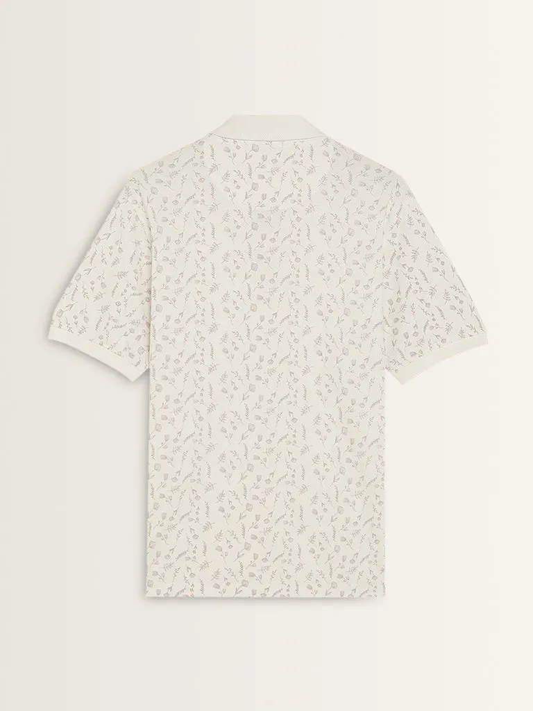 WES Casuals White Floral Relaxed-Fit Cotton Polo T-Shirt