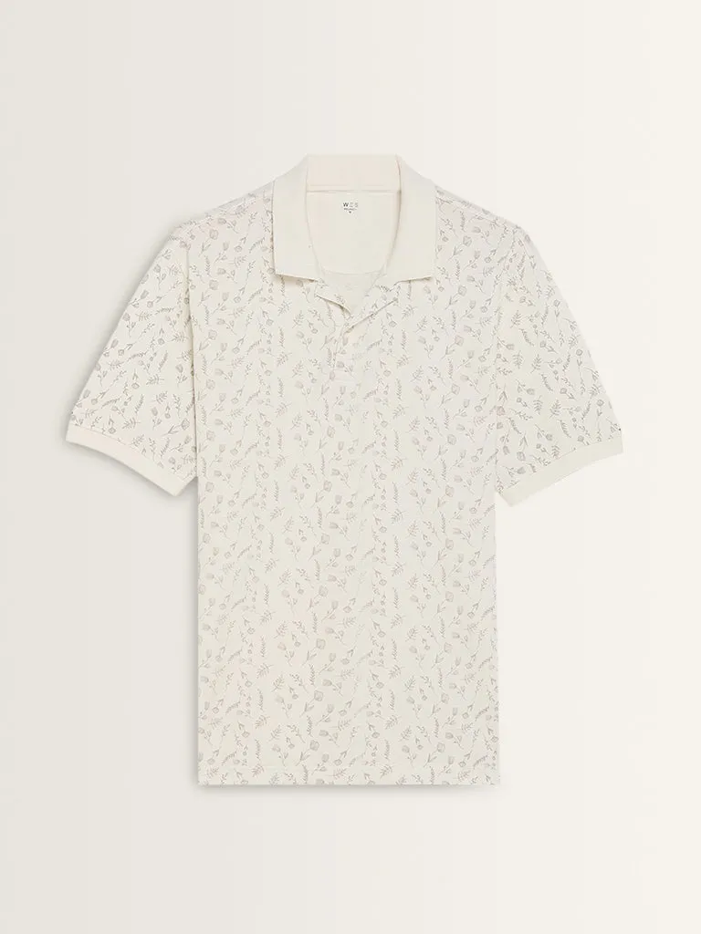WES Casuals White Floral Relaxed-Fit Cotton Polo T-Shirt