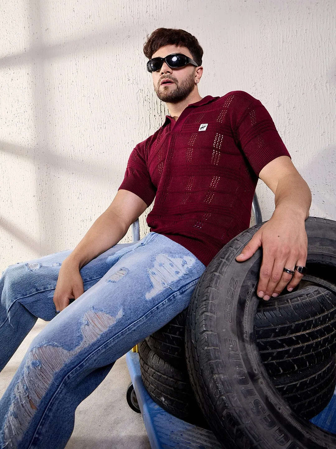 Wine Textured Knitted Polo Tee