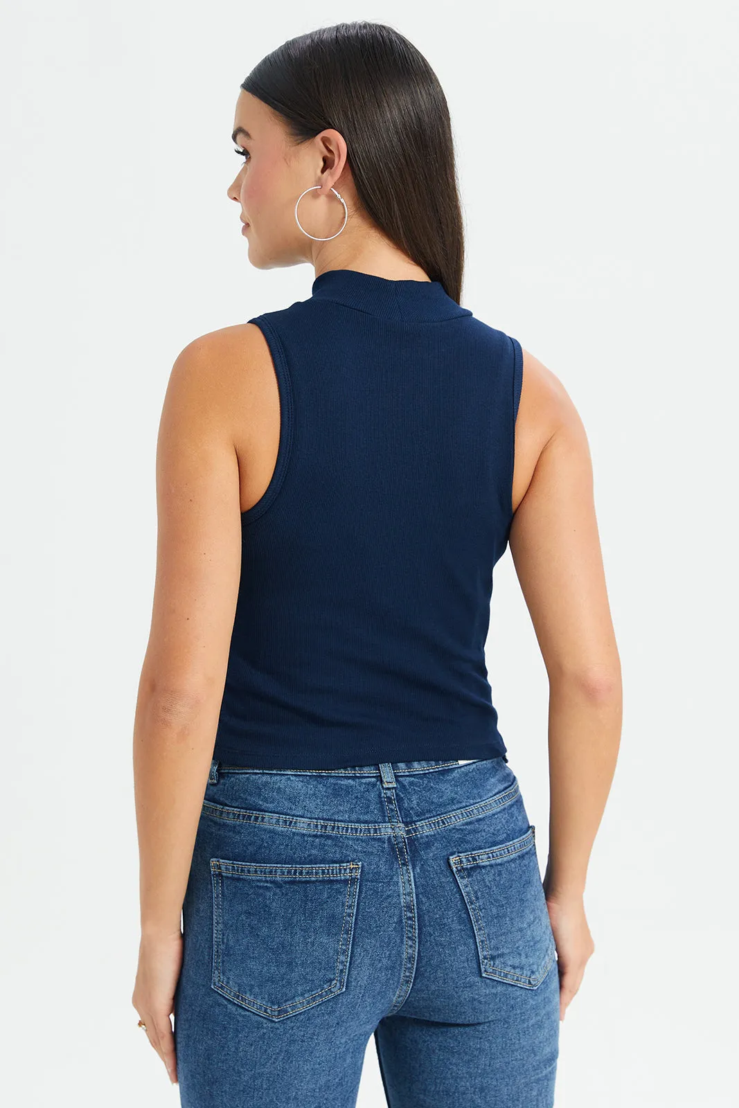 Women Navy High Neck Rib Top