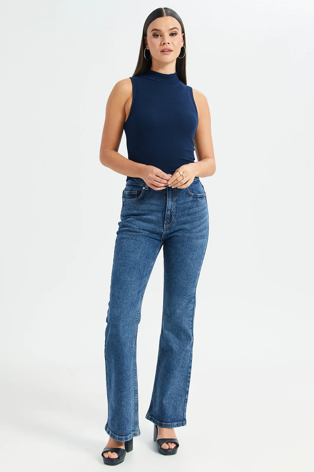 Women Navy High Neck Rib Top