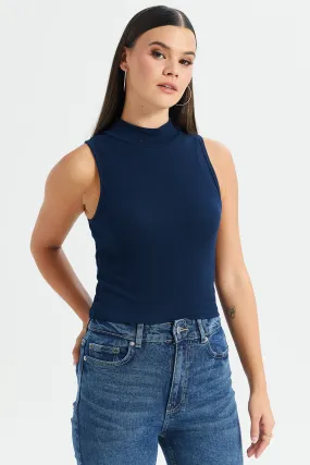 Women Navy High Neck Rib Top