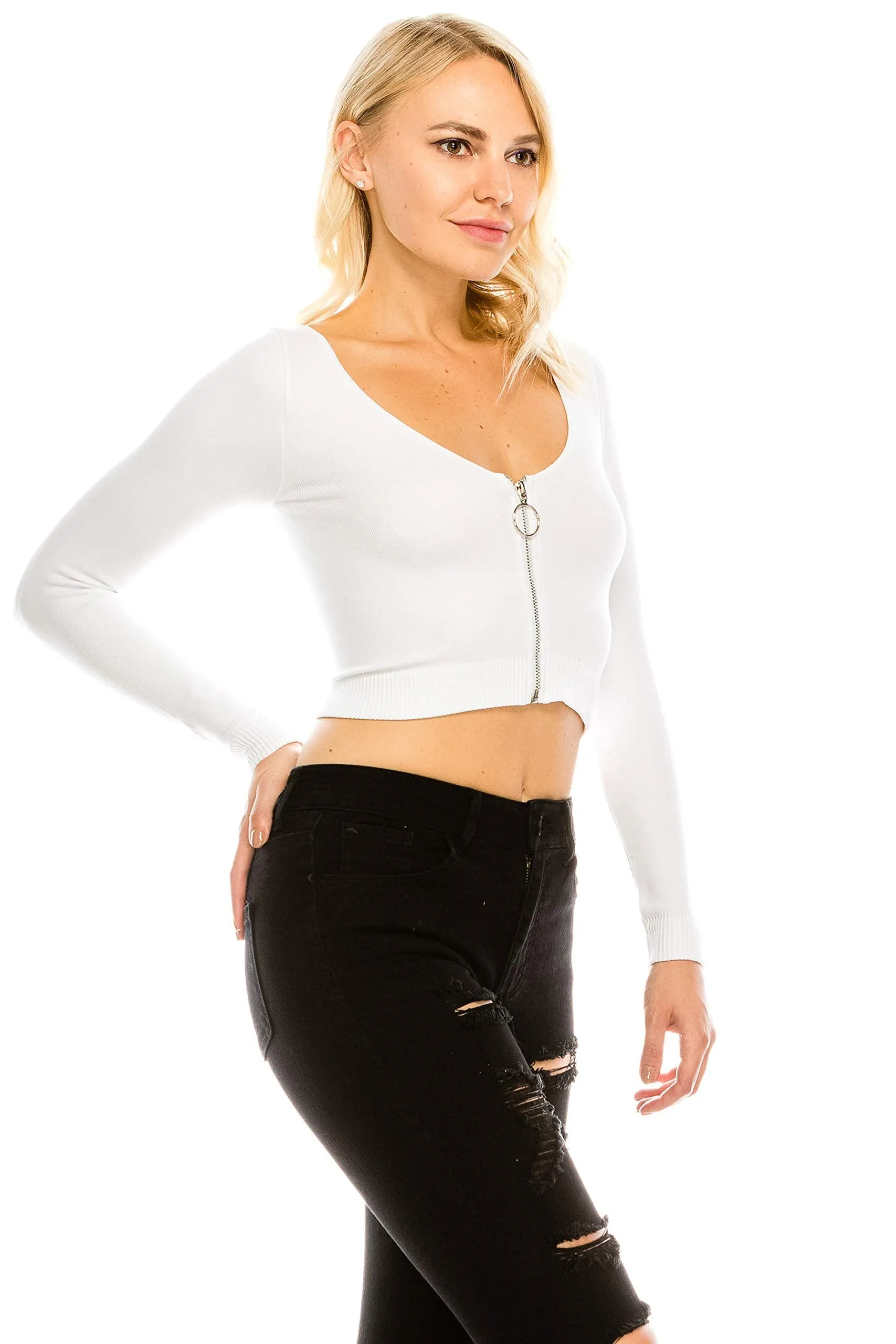 Women's Ring Zipper Scoopneck Longsleeve Stretch Fitted Top Shirt