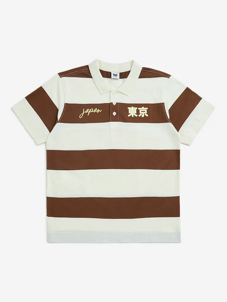 Y&F Kids Brown Stripe Printed Cotton Polo T-Shirt