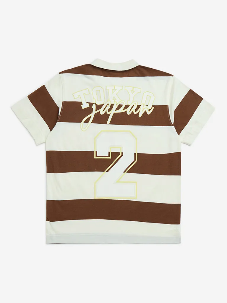 Y&F Kids Brown Stripe Printed Cotton Polo T-Shirt