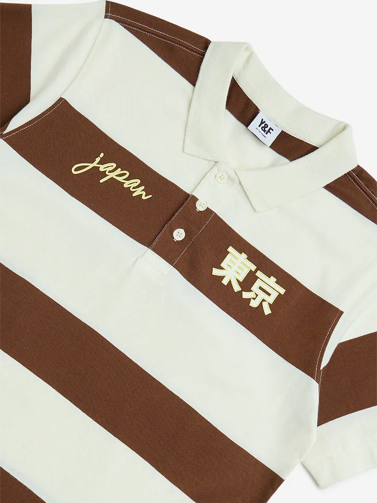 Y&F Kids Brown Stripe Printed Cotton Polo T-Shirt